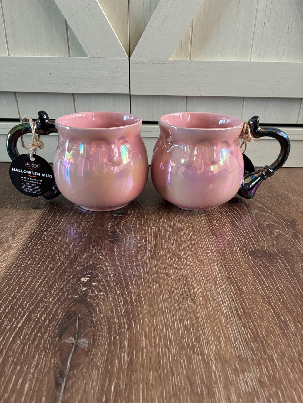 Pink iridescent Halloween cauldron coffee mug set.